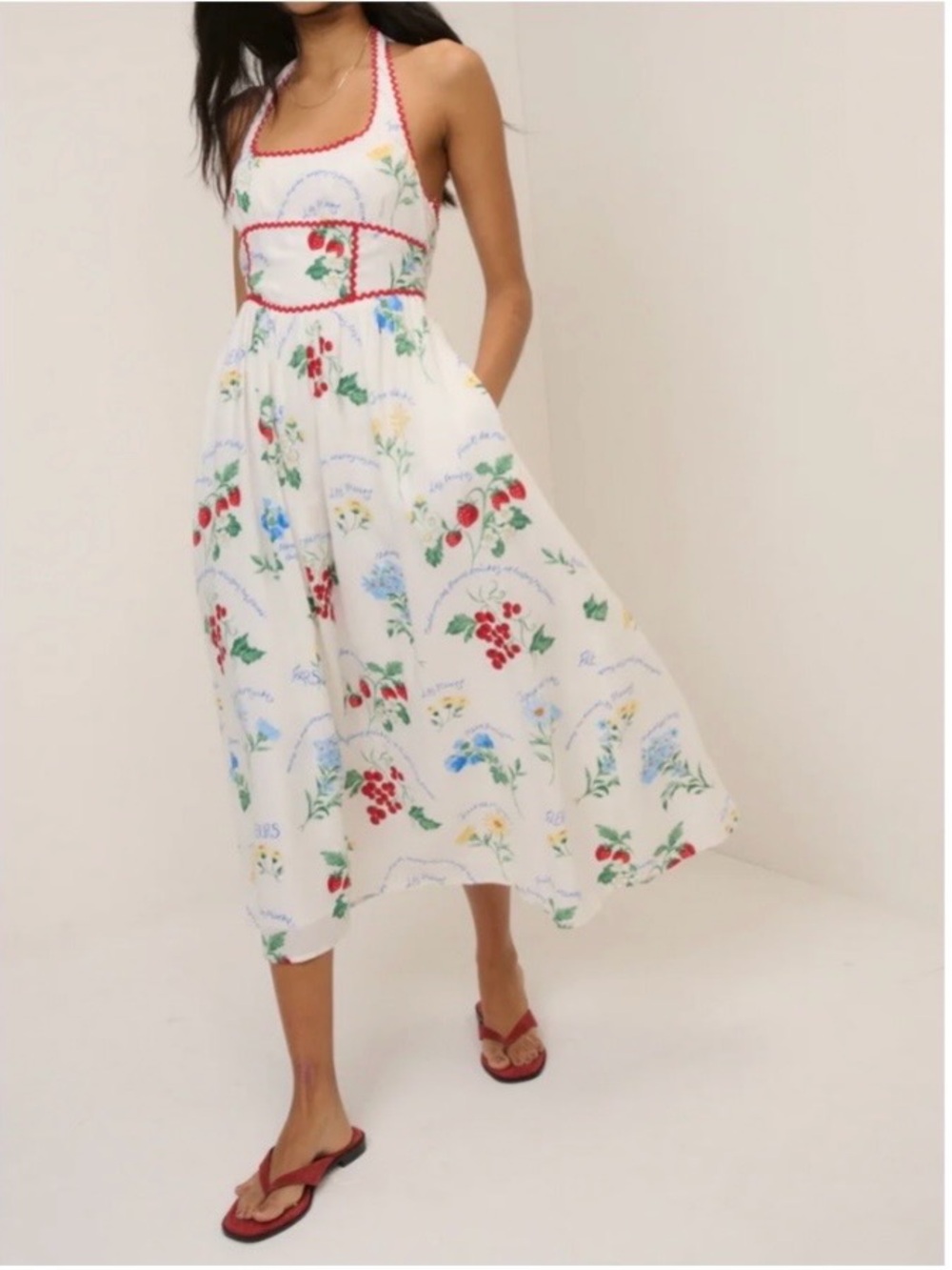 White Floral Halter Midi Dress with Red Trim Details